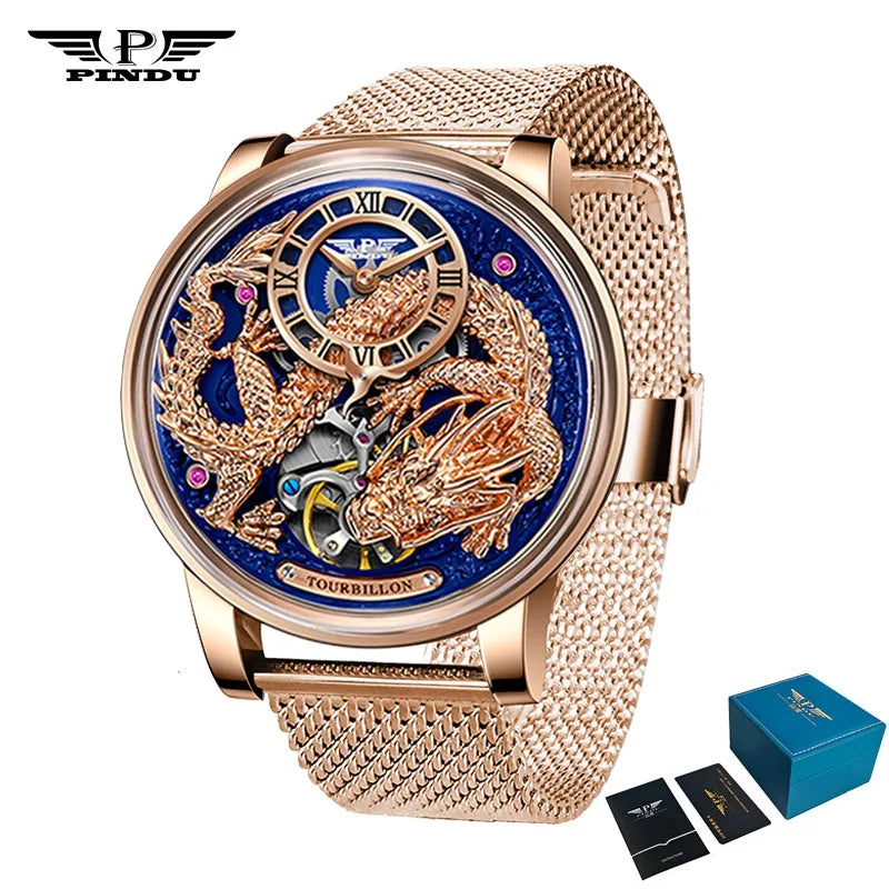 PINDU Designs Original New Men's Mechanical Watchew Dragon Series M2797B Automatic Movement Leather Sapphire Men Wristwatches