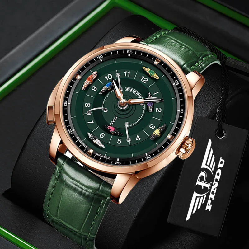 PINDU New Original Design Competitive Horse Racing Watches NH35A Sapphire Stainless Steel Luminous Leather Mechanical Watch Men