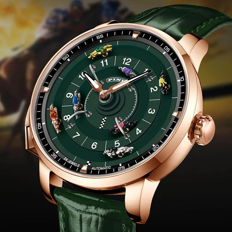 PINDU New Original Design Competitive Horse Racing Watches NH35A Sapphire Stainless Steel Luminous Leather Mechanical Watch Men