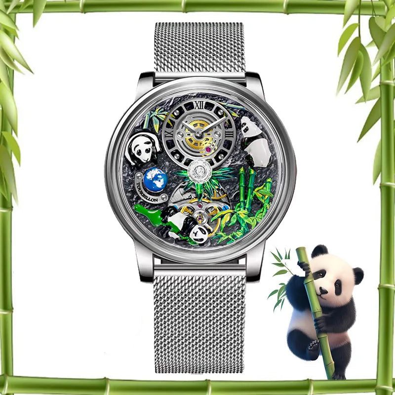 2025 PINDU New Panda Series National Treasure Symbol Men Mechanical Watch Rotating Crystal Ball 45.5MM Wristwatches Men M2791B