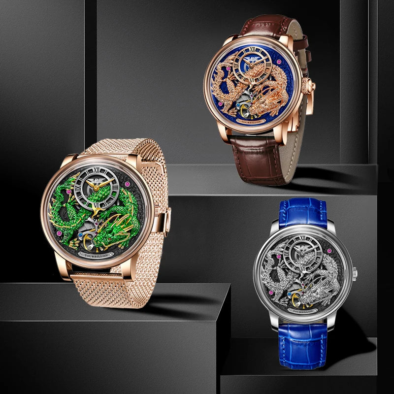 PINDU Designs Original New Men's Mechanical Watchew Dragon Series M2797B Automatic Movement Leather Sapphire Men Wristwatches